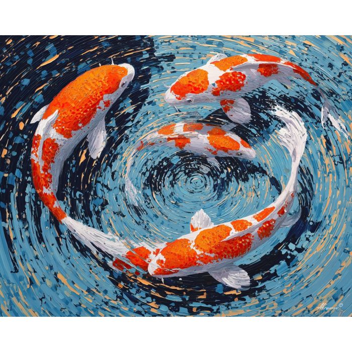 koi, fish, modern art, palette knife, oil painting, impasto, textured surface, contemporary, expressive, visual art, creative, abstract, painterly, bold colors, concept art, illustrative, graphic
