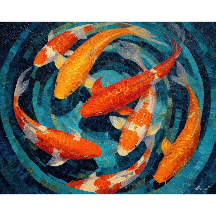 koi, fish, modern art, palette knife, oil painting, impasto, textured surface, contemporary, expressive, visual art, creative, abstract, painterly, bold colors, concept art, illustrative, graphic