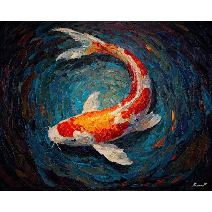 koi, fish, modern art, palette knife, oil painting, impasto, textured surface, contemporary, expressive, visual art, creative, abstract, painterly, bold colors, concept art, illustrative, graphic