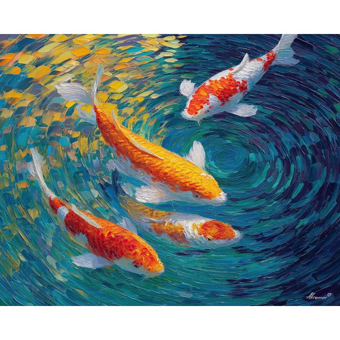 koi, fish, modern art, palette knife, oil painting, impasto, textured surface, contemporary, expressive, visual art, creative, abstract, painterly, bold colors, concept art, illustrative, graphic
