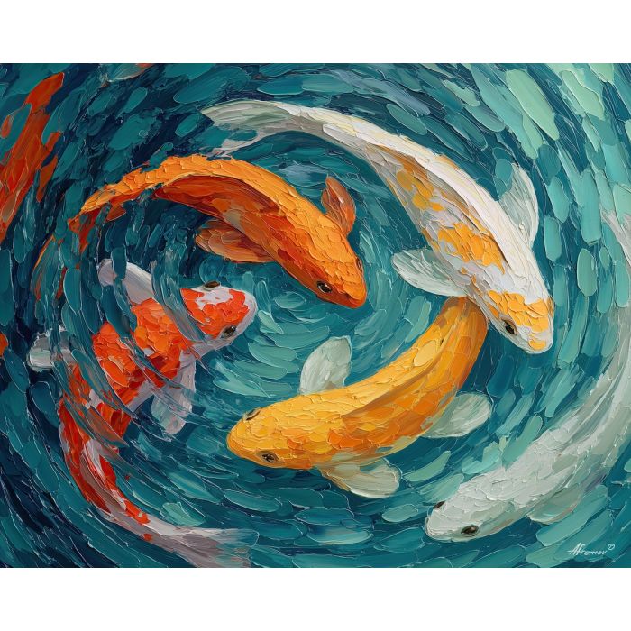 koi, fish, modern art, palette knife, oil painting, impasto, textured surface, contemporary, expressive, visual art, creative, abstract, painterly, bold colors, concept art, illustrative, graphic