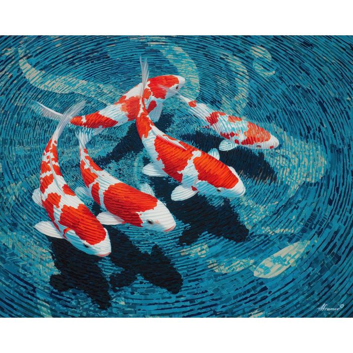 koi, fish, modern art, palette knife, oil painting, impasto, textured surface, contemporary, expressive, visual art, creative, abstract, painterly, bold colors, concept art, illustrative, graphic