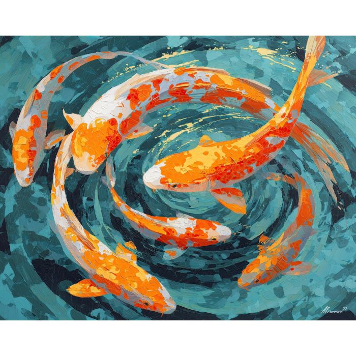 koi, fish, modern art, palette knife, oil painting, impasto, textured surface, contemporary, expressive, visual art, creative, abstract, painterly, bold colors, concept art, illustrative, graphic