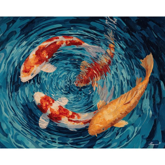 koi, fish, modern art, palette knife, oil painting, impasto, textured surface, contemporary, expressive, visual art, creative, abstract, painterly, bold colors, concept art, illustrative, graphic