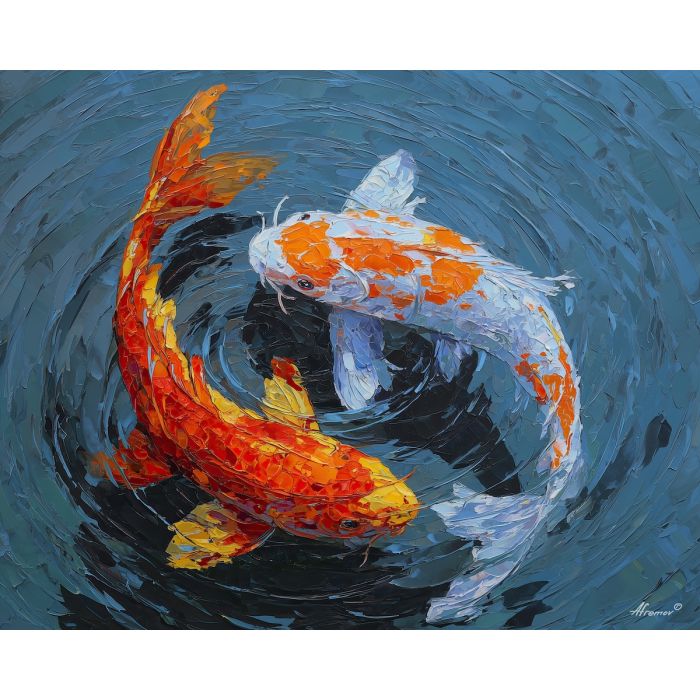 koi, fish, modern art, palette knife, oil painting, impasto, textured surface, contemporary, expressive, visual art, creative, abstract, painterly, bold colors, concept art, illustrative, graphic