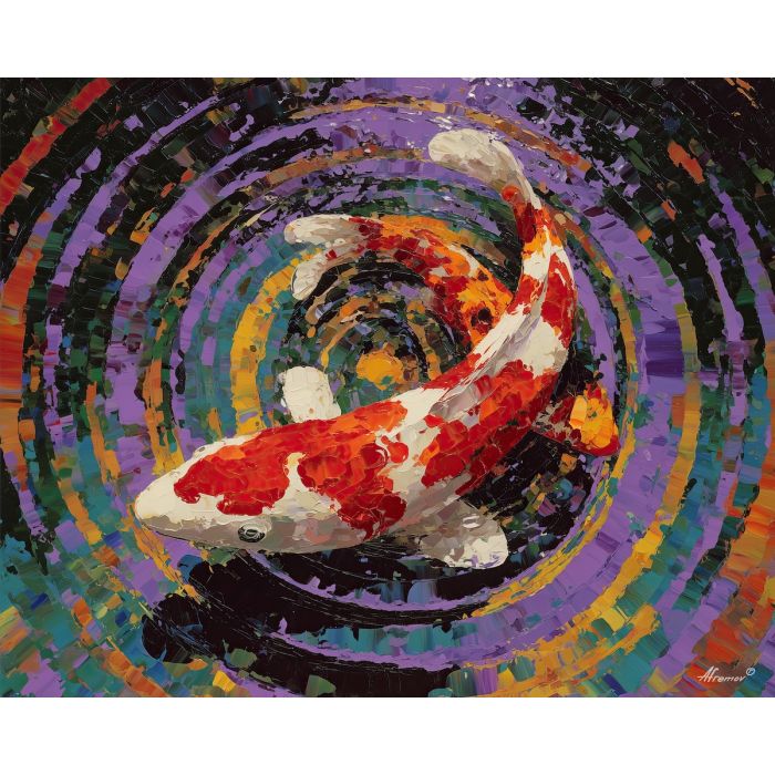 koi, fish, modern art, palette knife, oil painting, impasto, textured surface, contemporary, expressive, visual art, creative, abstract, painterly, bold colors, concept art, illustrative, graphic