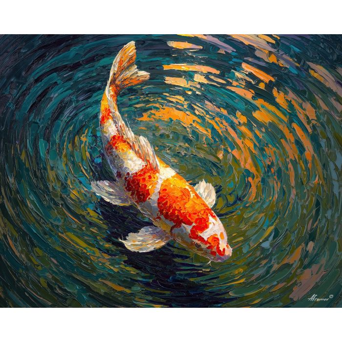 koi, fish, modern art, palette knife, oil painting, impasto, textured surface, contemporary, expressive, visual art, creative, abstract, painterly, bold colors, concept art, illustrative, graphic