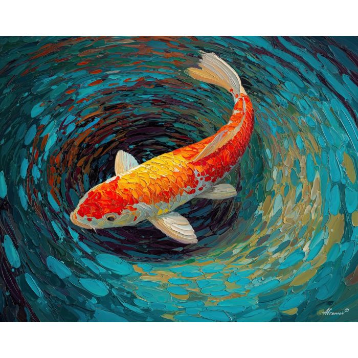 koi, fish, modern art, palette knife, oil painting, impasto, textured surface, contemporary, expressive, visual art, creative, abstract, painterly, bold colors, concept art, illustrative, graphic