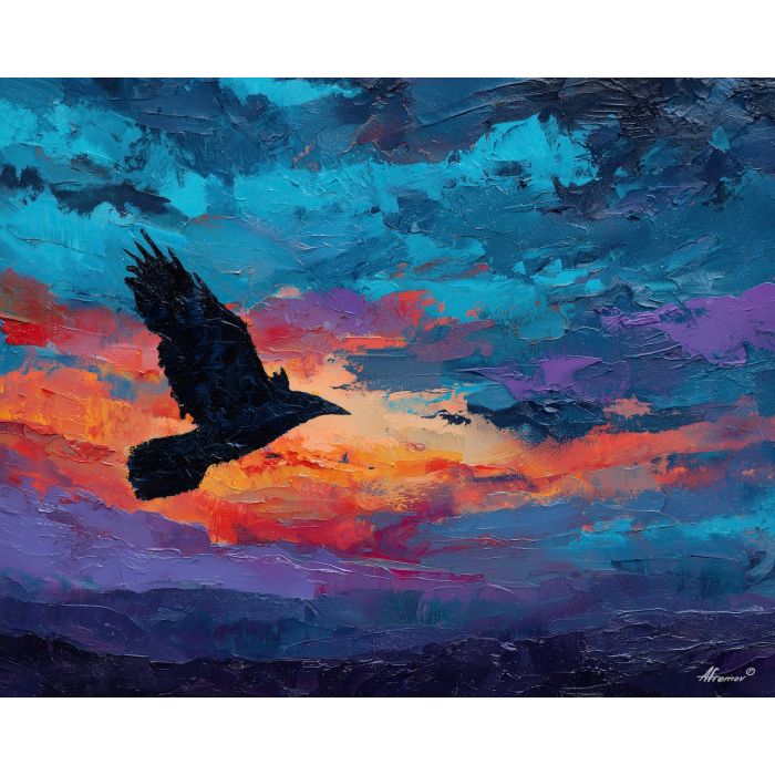 raven, modern art, palette knife, oil painting, impasto, textured surface, contemporary, expressive, visual art, creative, abstract, painterly, bold colors, concept art, illustrative, graphic