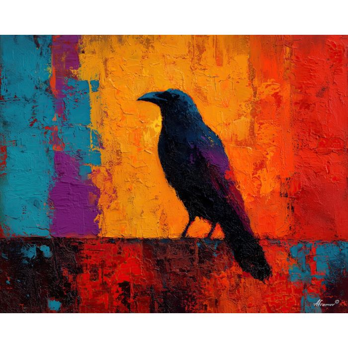 raven, modern art, palette knife, oil painting, impasto, textured surface, contemporary, expressive, visual art, creative, abstract, painterly, bold colors, concept art, illustrative, graphic