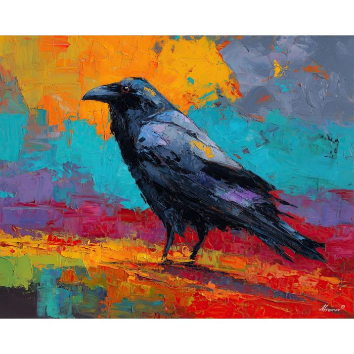 raven, modern art, palette knife, oil painting, impasto, textured surface, contemporary, expressive, visual art, creative, abstract, painterly, bold colors, concept art, illustrative, graphic