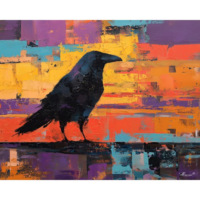 raven, modern art, palette knife, oil painting, impasto, textured surface, contemporary, expressive, visual art, creative, abstract, painterly, bold colors, concept art, illustrative, graphic