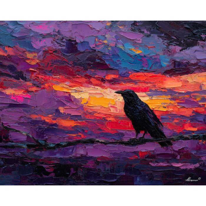 raven, modern art, palette knife, oil painting, impasto, textured surface, contemporary, expressive, visual art, creative, abstract, painterly, bold colors, concept art, illustrative, graphic