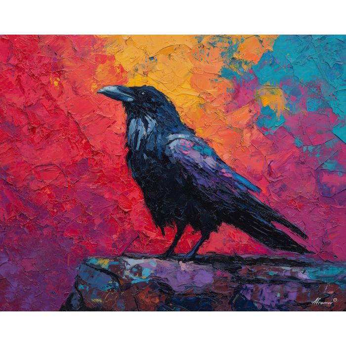 raven, modern art, palette knife, oil painting, impasto, textured surface, contemporary, expressive, visual art, creative, abstract, painterly, bold colors, concept art, illustrative, graphic