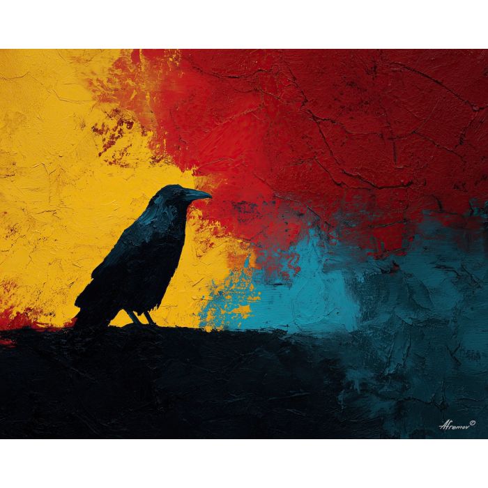 raven, modern art, palette knife, oil painting, impasto, textured surface, contemporary, expressive, visual art, creative, abstract, painterly, bold colors, concept art, illustrative, graphic