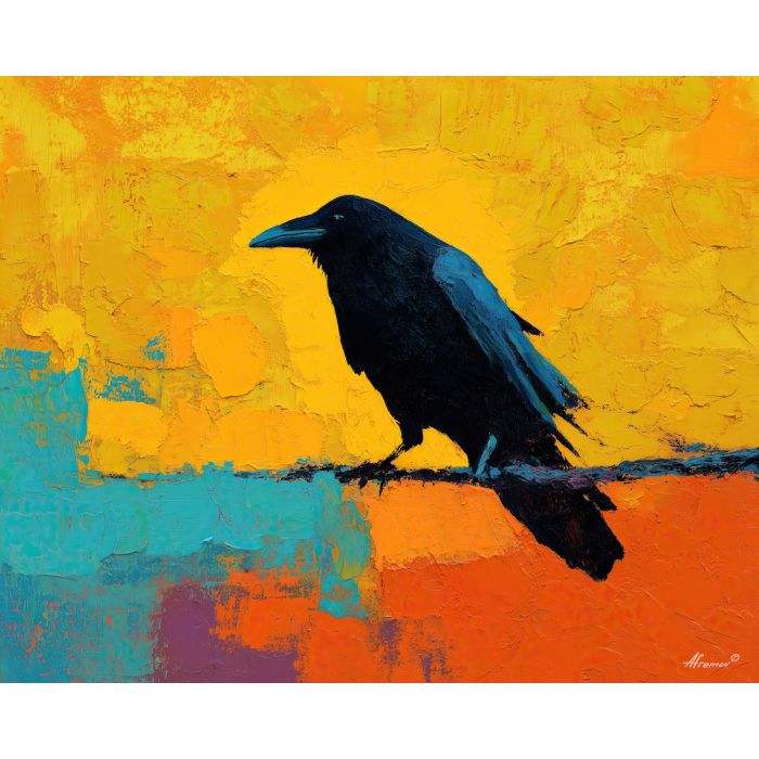 raven, modern art, palette knife, oil painting, impasto, textured surface, contemporary, expressive, visual art, creative, abstract, painterly, bold colors, concept art, illustrative, graphic