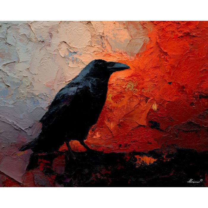 raven, modern art, palette knife, oil painting, impasto, textured surface, contemporary, expressive, visual art, creative, abstract, painterly, bold colors, concept art, illustrative, graphic