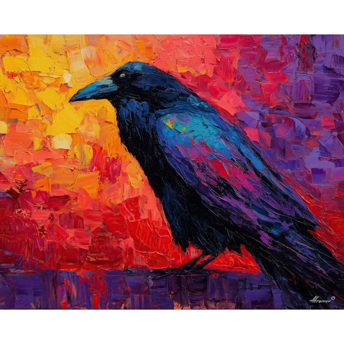 raven, modern art, palette knife, oil painting, impasto, textured surface, contemporary, expressive, visual art, creative, abstract, painterly, bold colors, concept art, illustrative, graphic