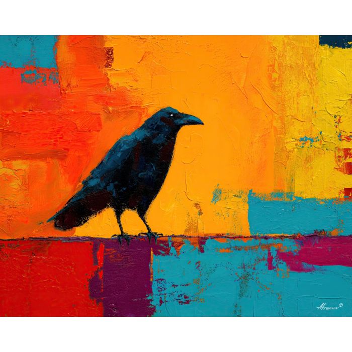 raven, modern art, palette knife, oil painting, impasto, textured surface, contemporary, expressive, visual art, creative, abstract, painterly, bold colors, concept art, illustrative, graphic