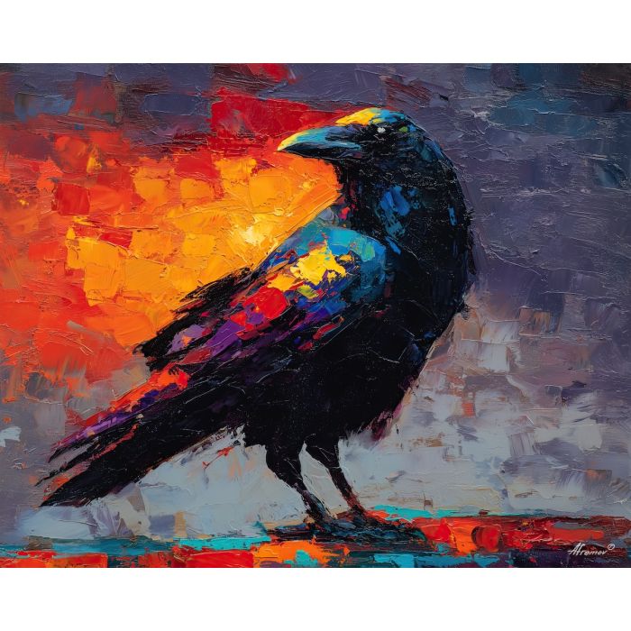 raven, modern art, palette knife, oil painting, impasto, textured surface, contemporary, expressive, visual art, creative, abstract, painterly, bold colors, concept art, illustrative, graphic