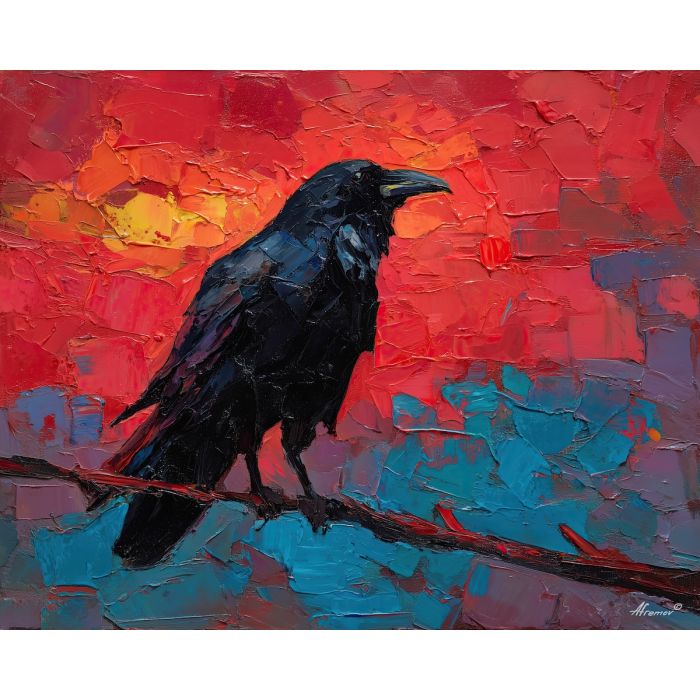 raven, modern art, palette knife, oil painting, impasto, textured surface, contemporary, expressive, visual art, creative, abstract, painterly, bold colors, concept art, illustrative, graphic