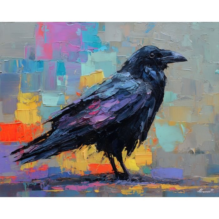 raven, modern art, palette knife, oil painting, impasto, textured surface, contemporary, expressive, visual art, creative, abstract, painterly, bold colors, concept art, illustrative, graphic