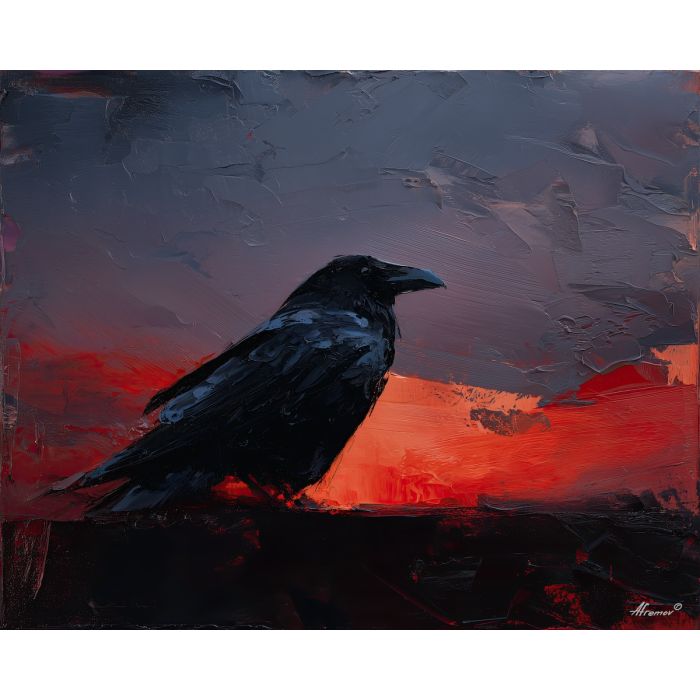 raven, modern art, palette knife, oil painting, impasto, textured surface, contemporary, expressive, visual art, creative, abstract, painterly, bold colors, concept art, illustrative, graphic