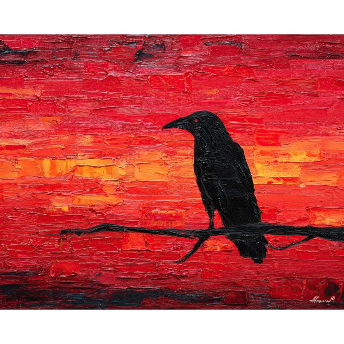 raven, modern art, palette knife, oil painting, impasto, textured surface, contemporary, expressive, visual art, creative, abstract, painterly, bold colors, concept art, illustrative, graphic