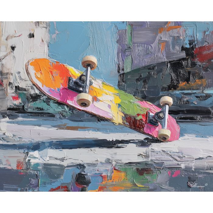 skateboard, modern art, palette knife, oil painting, impasto, textured surface, contemporary, expressive, visual art, creative, abstract, painterly, bold colors, concept art, illustrative, graphic