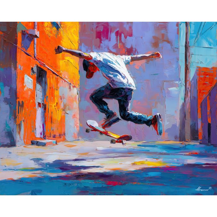 skateboard, modern art, palette knife, oil painting, impasto, textured surface, contemporary, expressive, visual art, creative, abstract, painterly, bold colors, concept art, illustrative, graphic