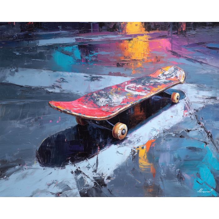skateboard, modern art, palette knife, oil painting, impasto, textured surface, contemporary, expressive, visual art, creative, abstract, painterly, bold colors, concept art, illustrative, graphic