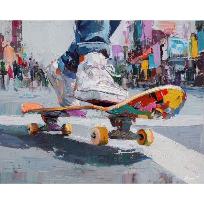 skateboard, modern art, palette knife, oil painting, impasto, textured surface, contemporary, expressive, visual art, creative, abstract, painterly, bold colors, concept art, illustrative, graphic