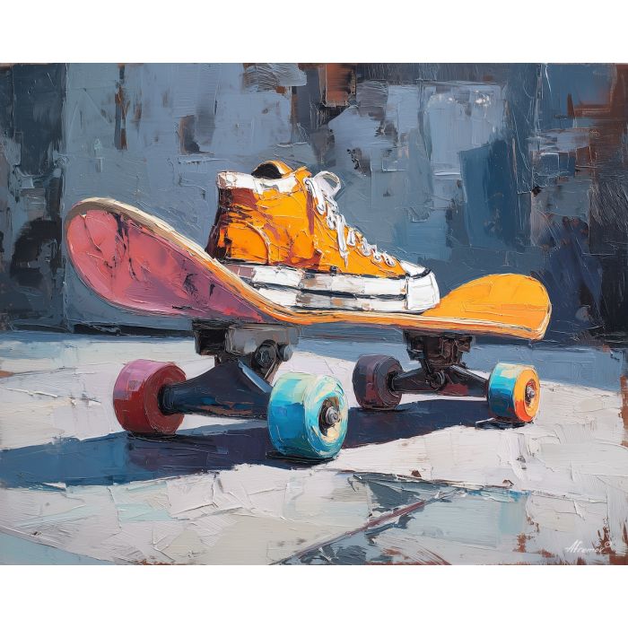 skateboard, modern art, palette knife, oil painting, impasto, textured surface, contemporary, expressive, visual art, creative, abstract, painterly, bold colors, concept art, illustrative, graphic