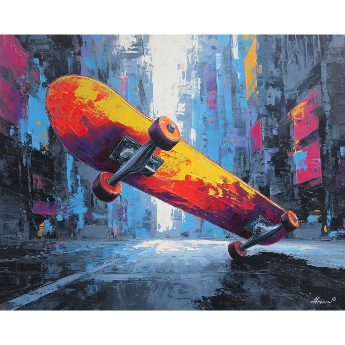 skateboard, modern art, palette knife, oil painting, impasto, textured surface, contemporary, expressive, visual art, creative, abstract, painterly, bold colors, concept art, illustrative, graphic