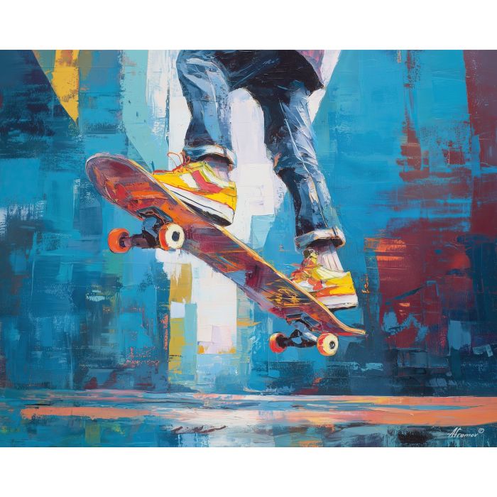 skateboard, modern art, palette knife, oil painting, impasto, textured surface, contemporary, expressive, visual art, creative, abstract, painterly, bold colors, concept art, illustrative, graphic