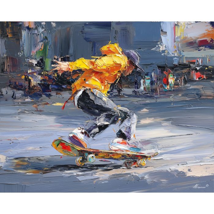 skateboard, modern art, palette knife, oil painting, impasto, textured surface, contemporary, expressive, visual art, creative, abstract, painterly, bold colors, concept art, illustrative, graphic
