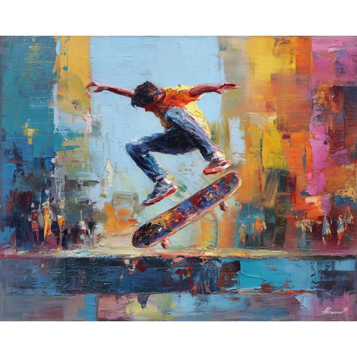 skateboard, modern art, palette knife, oil painting, impasto, textured surface, contemporary, expressive, visual art, creative, abstract, painterly, bold colors, concept art, illustrative, graphic