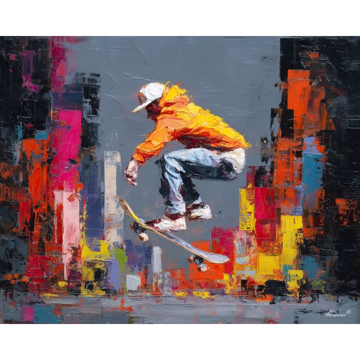 skateboard, modern art, palette knife, oil painting, impasto, textured surface, contemporary, expressive, visual art, creative, abstract, painterly, bold colors, concept art, illustrative, graphic