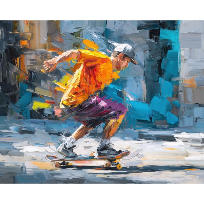 skateboard, modern art, palette knife, oil painting, impasto, textured surface, contemporary, expressive, visual art, creative, abstract, painterly, bold colors, concept art, illustrative, graphic