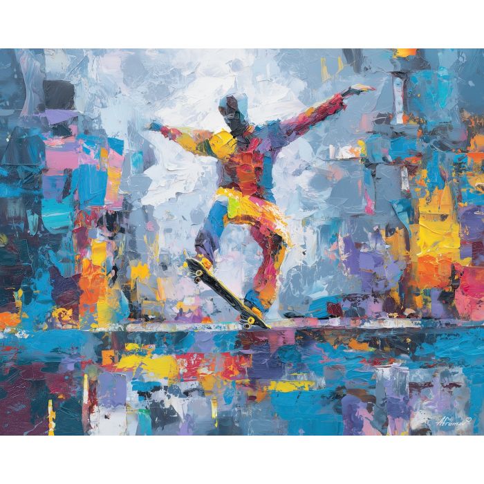 skateboard, modern art, palette knife, oil painting, impasto, textured surface, contemporary, expressive, visual art, creative, abstract, painterly, bold colors, concept art, illustrative, graphic