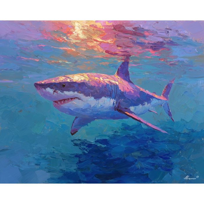 shark, palette knife, oil painting, impasto, textured surface, artwork, expressive, modern, creative, visual art, illustration, bold colors, painterly, contemporary, graphic, conceptual