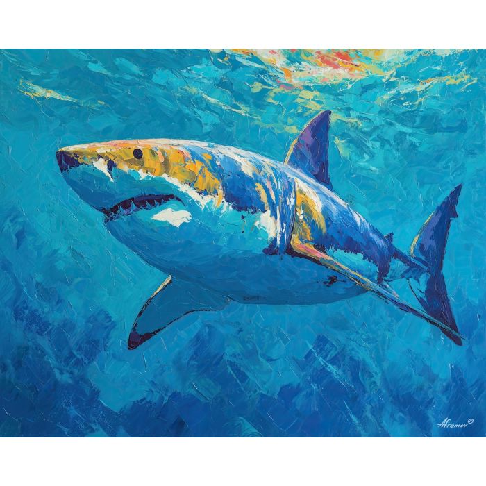 shark, palette knife, oil painting, impasto, textured surface, artwork, expressive, modern, creative, visual art, illustration, bold colors, painterly, contemporary, graphic, conceptual