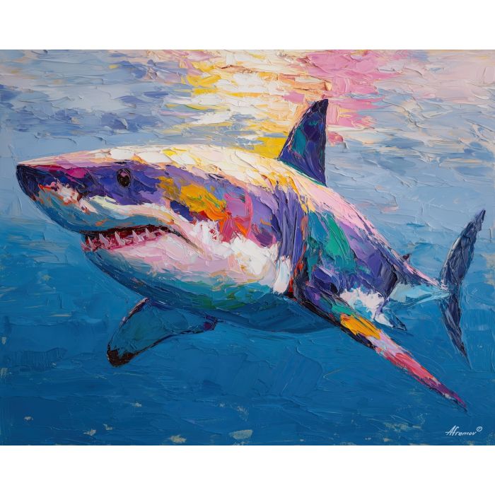shark, palette knife, oil painting, impasto, textured surface, artwork, expressive, modern, creative, visual art, illustration, bold colors, painterly, contemporary, graphic, conceptual