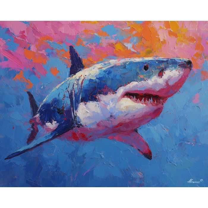 shark, palette knife, oil painting, impasto, textured surface, artwork, expressive, modern, creative, visual art, illustration, bold colors, painterly, contemporary, graphic, conceptual