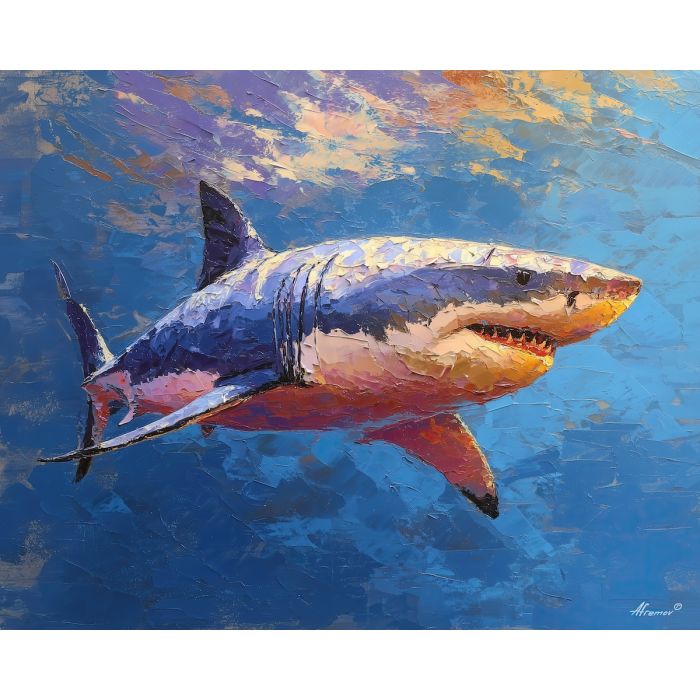 shark, palette knife, oil painting, impasto, textured surface, artwork, expressive, modern, creative, visual art, illustration, bold colors, painterly, contemporary, graphic, conceptual