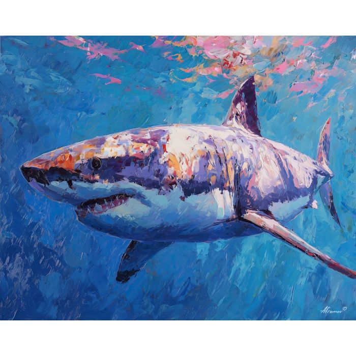 shark, palette knife, oil painting, impasto, textured surface, artwork, expressive, modern, creative, visual art, illustration, bold colors, painterly, contemporary, graphic, conceptual