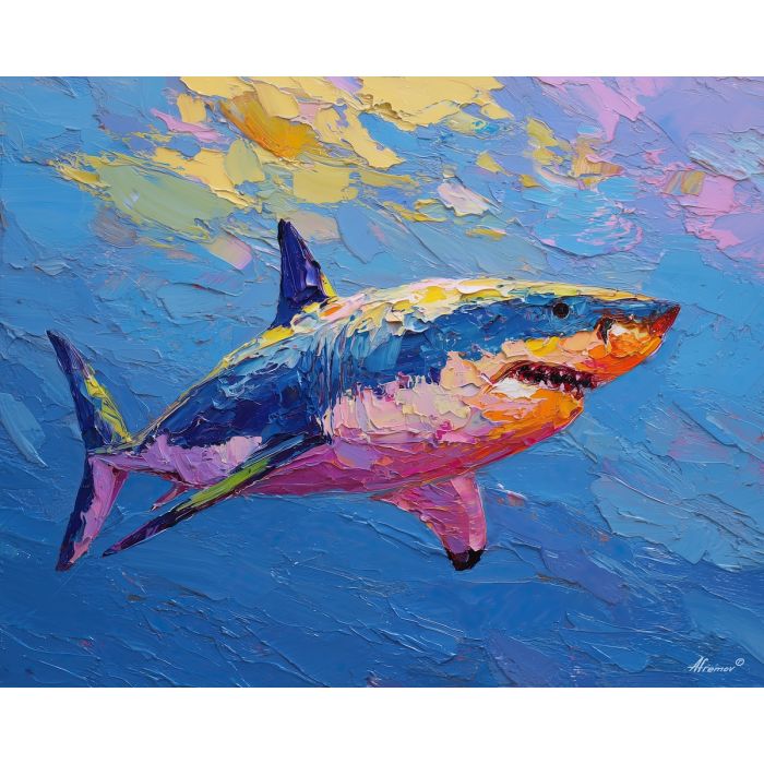 shark, palette knife, oil painting, impasto, textured surface, artwork, expressive, modern, creative, visual art, illustration, bold colors, painterly, contemporary, graphic, conceptual