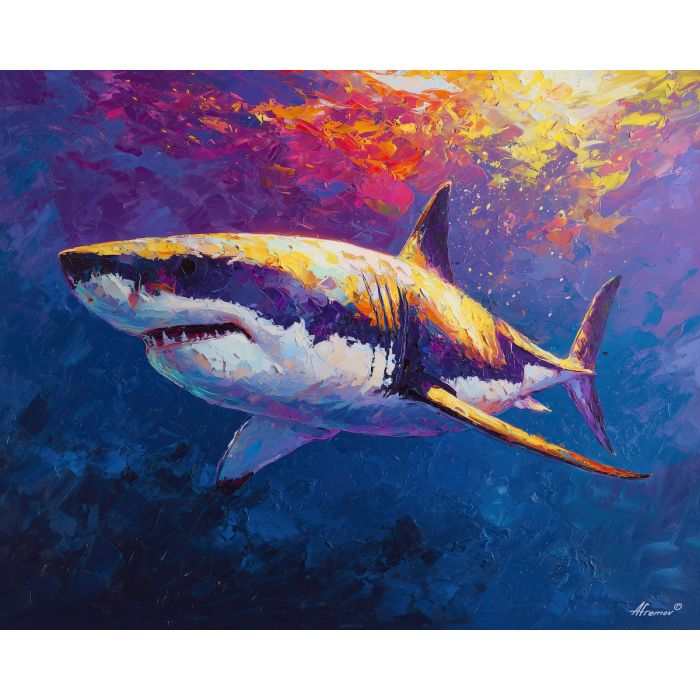 shark, palette knife, oil painting, impasto, textured surface, artwork, expressive, modern, creative, visual art, illustration, bold colors, painterly, contemporary, graphic, conceptual
