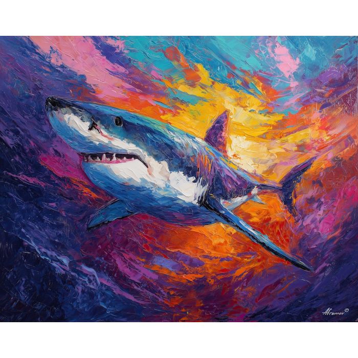 shark, palette knife, oil painting, impasto, textured surface, artwork, expressive, modern, creative, visual art, illustration, bold colors, painterly, contemporary, graphic, conceptual