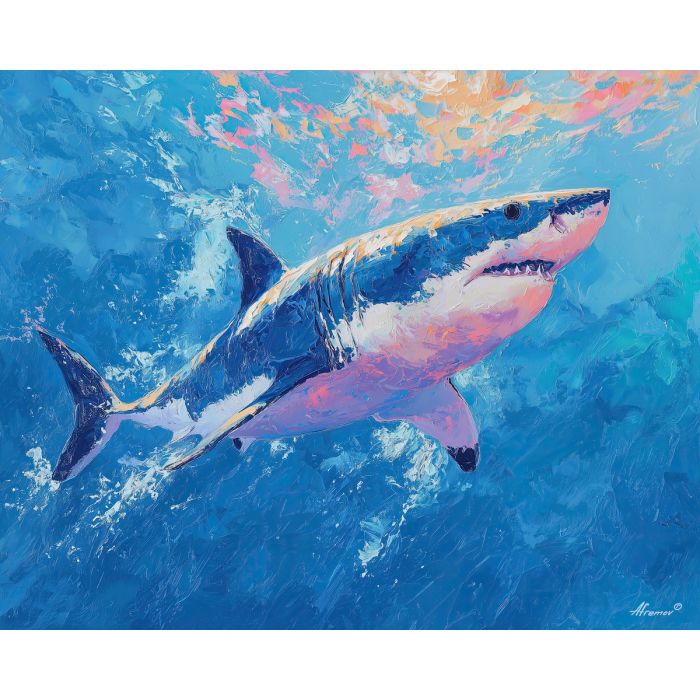 shark, palette knife, oil painting, impasto, textured surface, artwork, expressive, modern, creative, visual art, illustration, bold colors, painterly, contemporary, graphic, conceptual